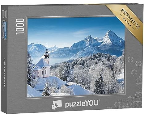 puzzleYOU: Puzzle 1000 Teile „Wallfahrtskirche und Watzmann-Gipfel im Winter, Berchtesgadener Land, Deutschland“ – aus der Puzzle-Kollektion Berge, Alpen, Kirchen, Österreich