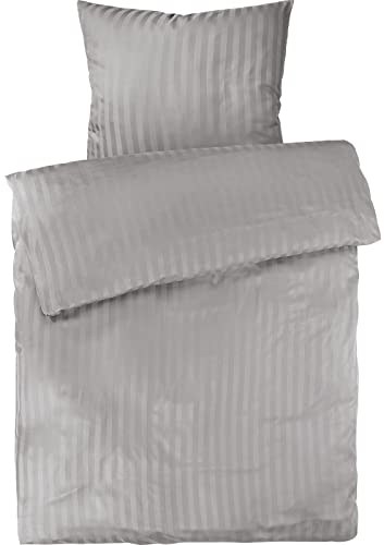 Pure Label Mako Satin Damast Streifen Bettwäsche hellgrau 155x220 cm mit Kissenbezug 80x80 cm aus 100% Baumwolle | Traumhaft weiches Mako Satin Bettwäsche Set in Uni