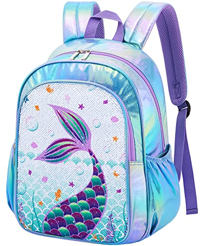 Pailletten Meerjungfrau Kinder Rucksack–Glitzernder SchulRucksack für Mädchen Junge Kleinkind Vorschule Kindergarten Grundschule 15 Zoll Leicht Wandern Reisen Lässig Blau Laptop Büchertasche