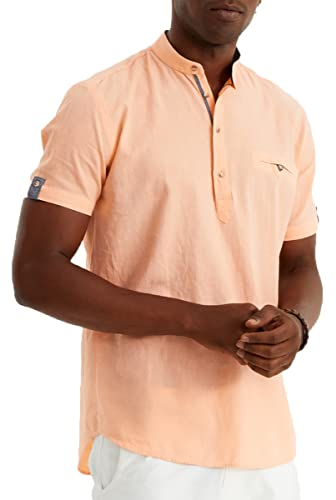 Leif Nelson Camicia in lino da uomo, a maniche corte, per il tempo libero e il lavoro, misto lino e cotone/vestibilità regolare, rosa salmone, L