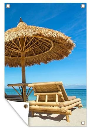MuchoWow Poster exterieur Chaise de plage - Plage - Parasol - Mer - Été Decoration murale 80x120 cm Résistant aux intempéries/soleil
