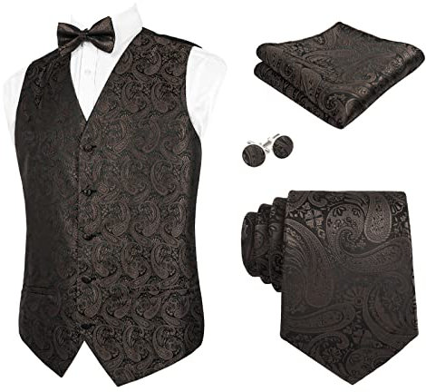 Alizeal Herren Weste Krawatte Hanky Manschettenknöpfe und Fliege Set Paisley Classic 5pc, Kaffee-XL