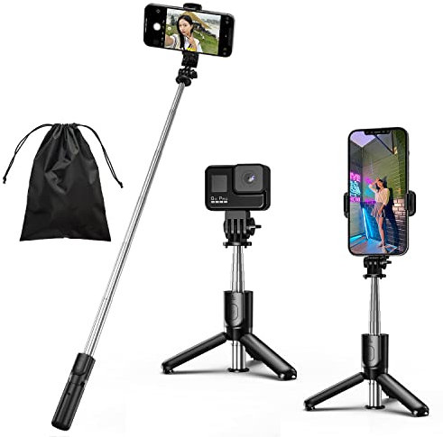 HCTian Selfie Stick, 4 in 1 Mini Selfie Stick Tripod, Extendable and Portable Stable Tripod Stand with Detachable Wireless Remote Compatible with iPhone/GoPro/Galaxy/Camera