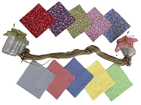 50 Pieces% 100 Cotton Flowered and Checkered Mix Pattern Fabric Jar Cover Cloth- 6.7'' Jar Cover Cloth With 50 Pieces Beaded Jute Rope