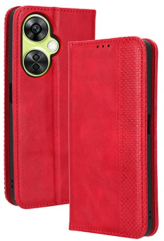 XINNI Cover per OnePlus Nord CE 3 Lite 5G Custodia, retrò Flip Magnetica Pelle PU/TPU Portafoglio, Rosso