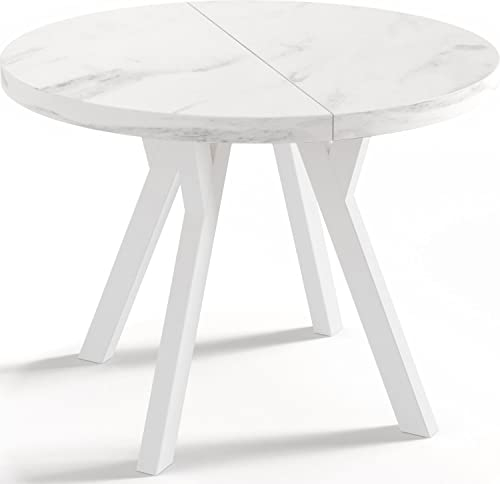 WFL GROUP Designer Runder Ausziehbarer Esstisch - Loft-Stil, Industriell, Platzsparend - Weiße Beine - 100 bis 200 cm - für 6-8 Personen - Hergestellt in EU - Weiß Marmor - 200 cm