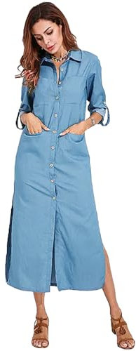 amropi Women Button Down Shirt Dress Denim Long Sleeve Casual Maxi Dresses Blue,XS