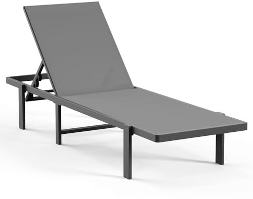 Aluminium-Chaiselongue mit Rädern, verstellbarer Liegestuhl für den Außenbereich, in fünf Positionen und komplett flach, für Terrasse, Strand, Hof, Pool, Dunkelgrau