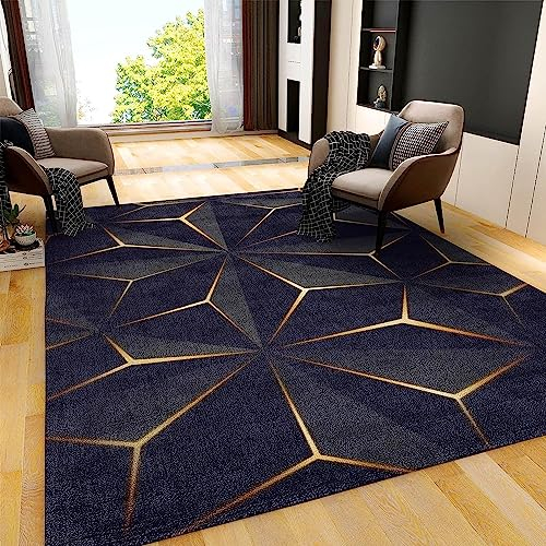 Srigzcaly Teppich Wohnzimmer, Teppiche rutschfest Waschbar in Outdoor 160 X 230 cm Dreidimensionales Geometrisches Schwarz-Gold-Design Teppiche Kurzflor mit Teppich für Schlafzimmer Wohnzimmer