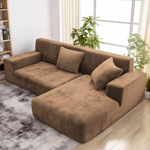 wiipara Dicker Samt Sofabezug L Form, Stretch Couch Überzug Universal Sofa Cover, Super Weich Plüsch Sofa Überzug Luxus Couchbezug(L-Form Ecksofa erfordert Zwei)- Sofabezug 2 Sitzer, Khaki