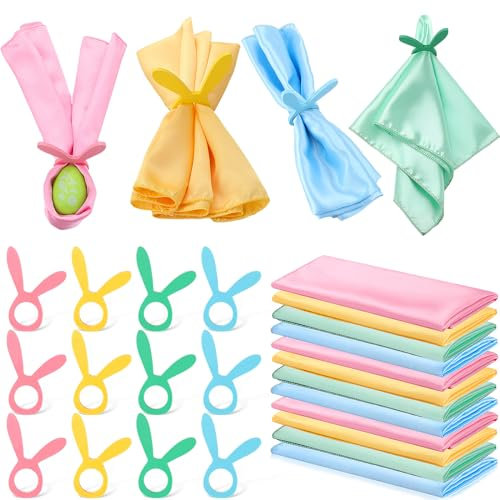 Domensi Osterservietten mit Hasenringen aus Holz, wiederverwendbar, farbiges Polyestergewebe, Cocktail-Servietten mit Hasenhalter, für Hochzeit, Frühling, Dinner-Party, 45,7 x 45,7 cm, 12 Sets