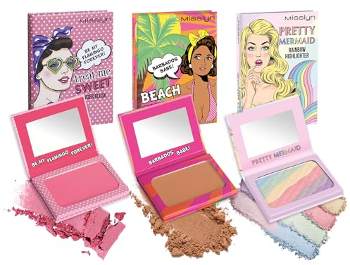 Misslyn | Blush Make-up Palette für Damen mit Spiegel, Volumengebendes und feuchtigkeitsspendendes Puder für Konturen des Gesichts - Set mit drei Paletten
