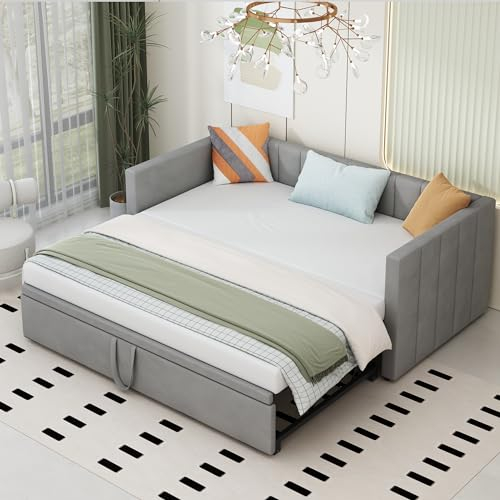 DRIXNO Bett 90/180x200 Ausziehbares Schlafsofa Bed Betten mit Lattenrosten Polsterbett Multifunktionsbett Hautfreundlichem Samtstoff hellgrau