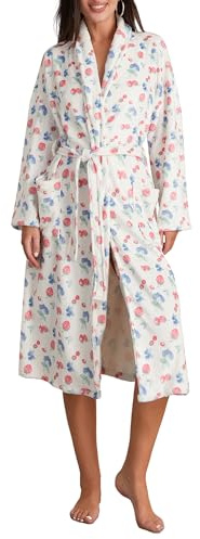 Acrawnni Damen Morgenmantel aus Flanell, Blumen-Obst-Druck, Plüsch-Schalkragen, warmer Bademantel für Hotel, Spa, Party, Kimono-Robe mit Gürtel (A-Weiß, M)