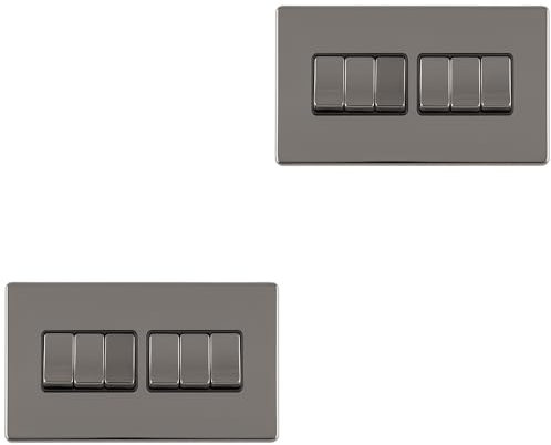 2 Pack 6 Gang Multi Light Switch SCREWLESS Black Nickel 2 Way 10A Slim Rocker - Decorative Kitchen Living Room Bedroom Plate