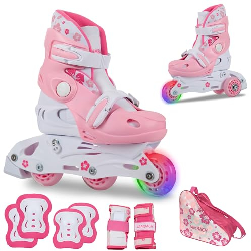 JAMBACH Kinder Inliner Set mit Protektoren verstellbar zum Rollschuh mit LED (Rosa, XS (26-29))