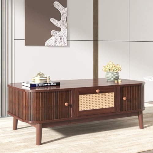 KOMHTOM Table Basse en rotin avec tiroirs, Salon avec 2 portes et 1 tiroir, Table d'appoint (Couleur Noyer A)