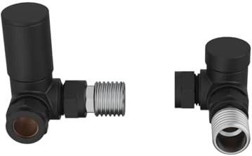 WarmeHaus Corner Radiator Valve Angled with Lockshield Black | Solid Brass, 15mm Inlet, Round Head, Central Heating