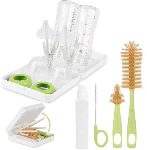 Portable Silicone Bottle Cleaner Set - 6 in 1 Baby Bottle Brush with Nipple, Straw, and Drying Rack - White