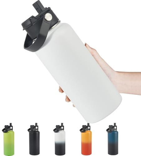 Hawthyhome Insulated Water Bottle 32oz/1L with Straw Keep Drinks Hot and Cold Stainless Steel Double Walled Flip up Metal Water Bottles Leakproof for Hiking, Biking, Camping Sports Adult, White