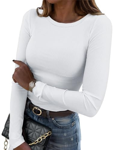Zeagoo Womens Long Sleeve Tops Solid Color T-Shirt Basic Tops Casual Elegant Shirt Crewneck Shirts Ribbed Slim Fit Tunic Tee White Crop Top Y2K Clothes Herbst Winter XXL