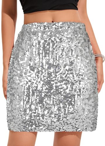 zffriction Paillettenrock für Damen Glitzer Rock Elastische Taille A-Linie Hüftrock Kurzer Rock Damen Minirock Sexy Party Rave Outfit (DE/NL/SE/PL, Alphanumerisch, XL, Regular, Regular, Silber)