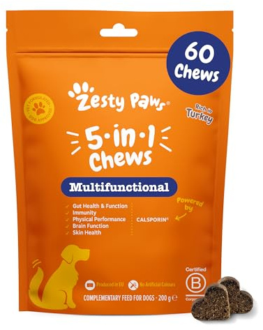 Zesty Paws 5in1 Multivitamins for Dogs, Rich in Turkey, 60 Chews | Supports Skin & Gut Health, Brain Function, Immune System, Physical Performance | Vitamin A, B & C, L-Carnitine, Probiotics