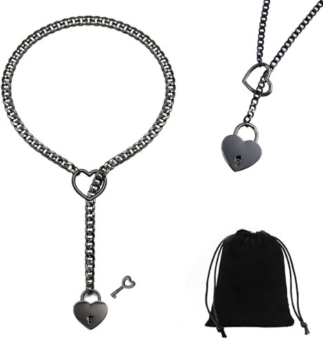 Herz Slip Kette,Choker Kette,Love Shackles Necklace,Stainless Steel Adjustable Lariat Y-Heart Lock and Key Necklace,Heart O-Ring Slip Chain Choker for Women,Würgekette Damen