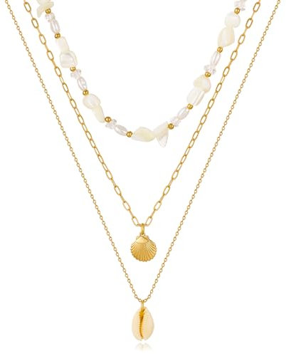 LILIE&WHITE Shell Necklace Gold Layered Shell Pendant Necklace for Women - Triple Strand with Natural Beads, Hypoallergenic and Non-Fading Coastal Jewellery