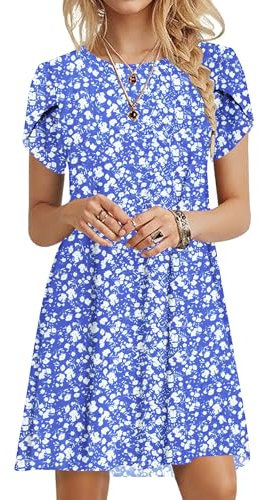 PLOKNRD Sommerkleid Damen Blütenblatt Ärmel T-Shirt Kleid Rundhals Blumenmuster Freizeitkleid Leicht und Luftig mit Taschen(Blau Weiß Blumen,M