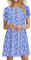 PLOKNRD Sommerkleid Damen Blütenblatt Ärmel T-Shirt Kleid Rundhals Blumenmuster Freizeitkleid Leicht und Luftig mit Taschen(Blau Weiß Blumen,M