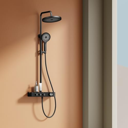 EMKE Duschsystem mit Thermostat Schwarz Matt, Duscharmatur Komplettset, Regendusche mit Armatur inkl. großer 36x24 cm Regendusche 3 Strahlarten Handbrause, Brausestange und Schlauch