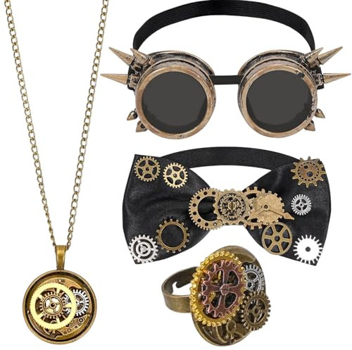 Weploda Steampunk-Kostüm-Accessoires Set - Fliege, Halskette, Ring, Brille für Herren und Damen - Karneval und Fasching