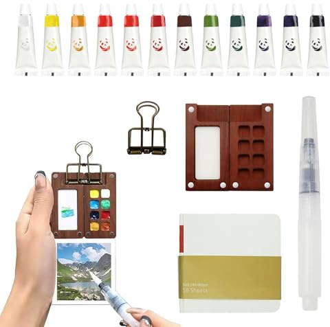 5 Pcs Mini Kit Aquarelle Voyage, Palette Aquarelle Miniature Peinture avec Palette en Bois Portable 8 Grids, 12 Couleurs Aquarelles avec Carnet de Croquis Pinceau et Clip en Métal pour Débutants
