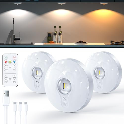USB Aufladbar Led Spot Akku mit Fernbedienung,Vitrinenbeleuchtung LED Kabellos mit Timer Funktion,Unterbauleuchte,Schrankbeleuchtung,Magnetisch Licht mit Speicherfunktion (3-Farbe, weiß | 3 Stk)
