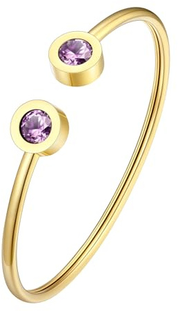 FOCALOOK Bracelet Femme Ouvert Plaqué Or, Jonc Femme Acier Doré Ajustable Orné de Pierre de Naissance en Cristal, Bijou d'Anniversaire