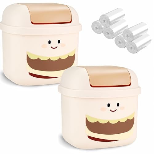 RETON 2 Pcs Cute Desk Bin with Swing Lid, Mini Tea Bag Bin with 6 rolls Trash Bags, Creative Small Waste Bin, Small Swing Bin for Bathroom Kitchen Bedroom Office (Cream)
