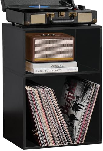 LELELINKY Présentoir à disques avec Rangement, Présentoir à disques à 2 étages pour jusqu'à 80 Albums, Étagère Vinyle Vintage Table d'appoint, Étagère à disques pour Salle de Musique et Salon