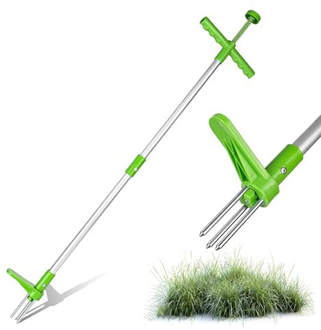 DMJJSD Unkrautstecher, Unkrautentferner mit Stiel 3 Stahlzähne & Sprungfeder Unkraut Entferner Gerät für effizientes Entfernen von Unkraut, Länge: 1 m, Rostfreie Stahl-Arme/T-Griff/Fußpedal