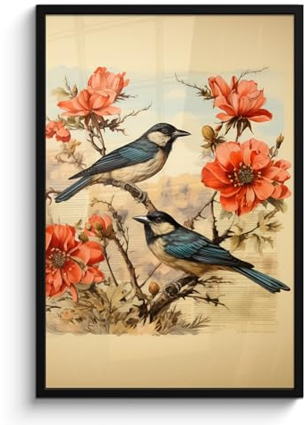 MuchoWow© Bilder mit Rahmen Poster Wanddekoration Wohnzimmer Deko Modern | 60x90 cm - Geschenke Bilderrahmen Vintage - Vögel - Blumen - Rot - Beige - Tiere - Zweige