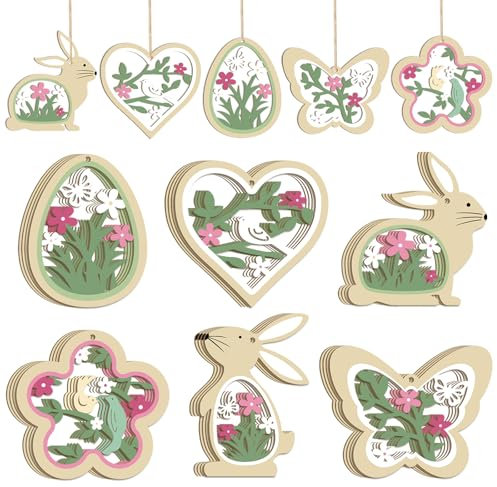 24 Stück deko zum Aufhängen, Frühlingsdeko Anhänger, Oseranhänger Holz,Osterhase Ostereier Schmetterlinge Blumen Ostern Deko（Green