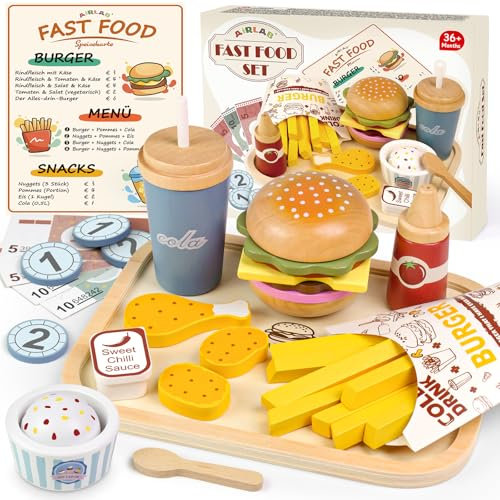 Airlab Jouet Restauration Rapide Bois, Accessoire Cuisine Barbecue Enfant Bébé, Ustensile en Fast Food, Jouet Dinette Éducatif Montessori, Cadeau Anniversaire Halloween Noël Garçon Fille 3 4 5+ Ans