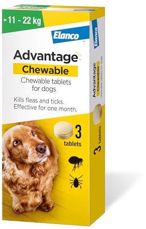 Advantage Chewable 450mg Chewable Tablets for Dogs >11 - 22kg (3 pack), Flea and Tick Treatment, Fast Acting Kills Fleas Within Hours, Prevention Lasts For A Month, Easy To Administer