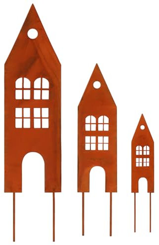Augesak Gartendeko Rost,3 Stück Häuser Gartenstecker Metall,Rostdeko Gartendeko,Deko Haus aus Edelrost, Metall Rost Deko für Garten Terrasse Balkon Blumentopf