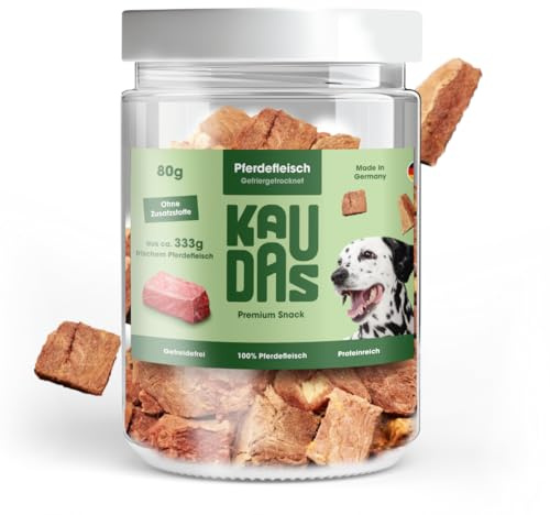 KAUDAS PferdPur Natursnack – 2 x 80 g gefriergetrocknetes Pferdefleisch Leckerli Hund mit hohem Proteingehalt, 100% natürlicher Hundesnack je 333g Rohgewicht – ohne Zucker, Getreide & Zusatzstoffe