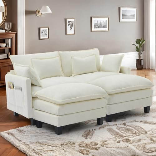 IUXPAM Modulares Ecksofa Sofa, L-förmige Couch fürs Wohnzimmer, extra Tiefe, Bequeme Chenille-Wolkensofas mit Dekokissen und beweglichem Ottoman (Beige, 2 Sitze mit 2 Ottomanen)