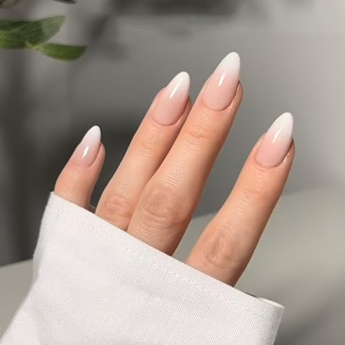 Gradient White Pink Ombre False Nails - 24Pcs Press on Nails Medium Almond - Full Cover French Almond Fake Nails with Glue - Glossy Acrylic Stick on Nail for Women Girls Nail Art DIY