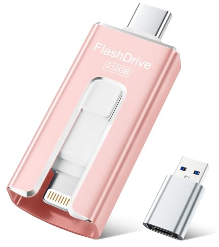 SUDEHO MFi Flash Drive 512GB, 3-in-1 USB-C Stick for Apple & Android, Pink | MFi Certified Memory Stick, Lightning, USB-C & USB-A Adapter, Photo & Video Backup, Fast Data Transfer, Easy File Storage