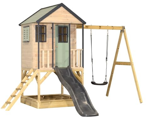 Wendi Toys M50 Stelzenhaus mit Rutsche und Schaukel, Kinderspielhaus Holz Outdoor für Garten, FSC-Holz, Podesthöhe 90 cm, 290×350×242 cm, mit 175 cm Rutsche, wetterfest