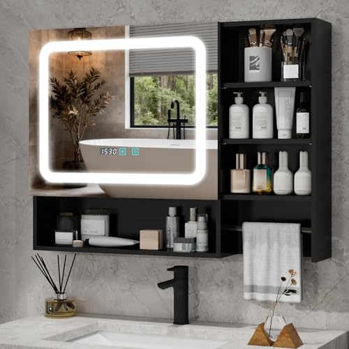 YU YUSING Spiegelschrank Bad mit LED Beleuchtung 80x60cm, Schwarz | mit 6 Regal Tür Handtuchhalter, Badschrank mit LED-Spiegel, Beschlagfrei, 3 Farben Dimmbar, Badspiegel Hängeschrank